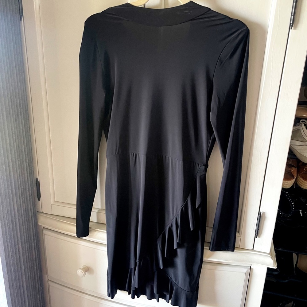 High neck and open back ruffle black dress